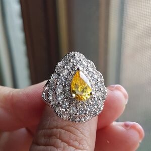 Swarovski Elements 925 Sterling Silver Large Yellow Citrine Teardrop Ring NEW
